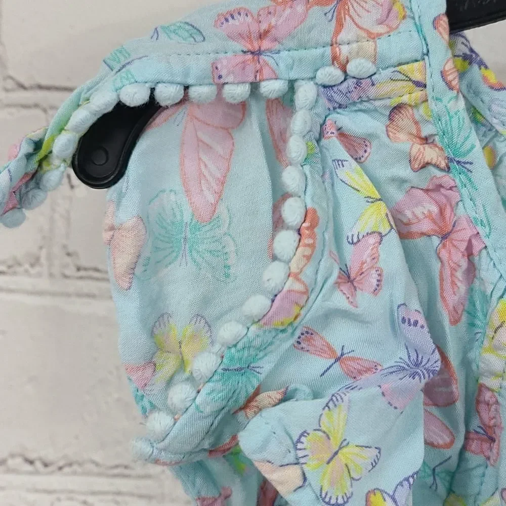 Carter's Blue Butterfly Print Top Pom Flutter Sleeve Shirt Pastel Aqua Blouse